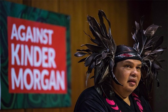  Rueben George, Project Manager for the Tsleil-Waututh Nation Sacred Trust Initiative, speaks as First Nations and environmental groups speak about a federal court hearing about the Kinder Morgan Trans Mountain pipeline expansion, during a news conference in Vancouver on October 2, 2017. Two Indigenous leaders from British Columbia say they will travel to pipeline builder Kinder Morgan's annual general meeting in Texas this week. Chief Judy Wilson with the Neskonlith Indian Band and Rueben George representing the Tsleil-Waututh Nation Sacred Trust Initiative say they intend to warn investors about the risk of proceeding with Kinder Morgan's Trans Mountain pipeline expansion without consent from First Nations. THE CANADIAN PRESS/Darryl Dyck