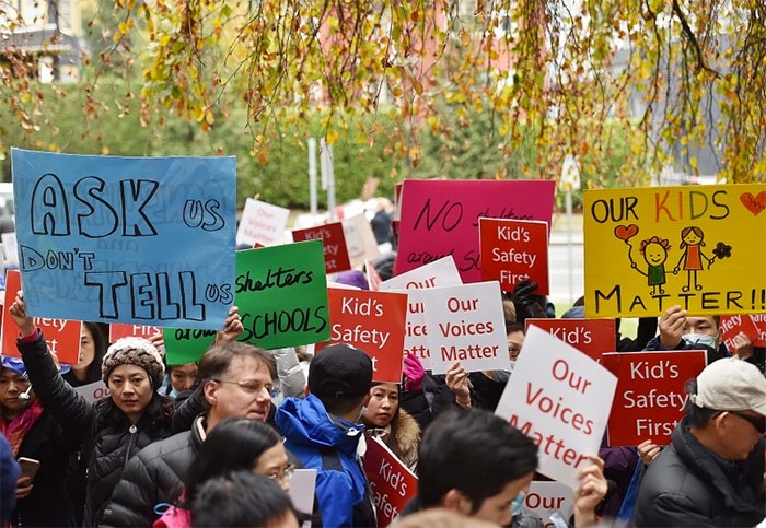  Last November, more than 200 Marpole residents held a demonstration outside Vancouver city hall to protest plans for modular housing at West 59th and Heather Street. Photo Dan Toulgoet