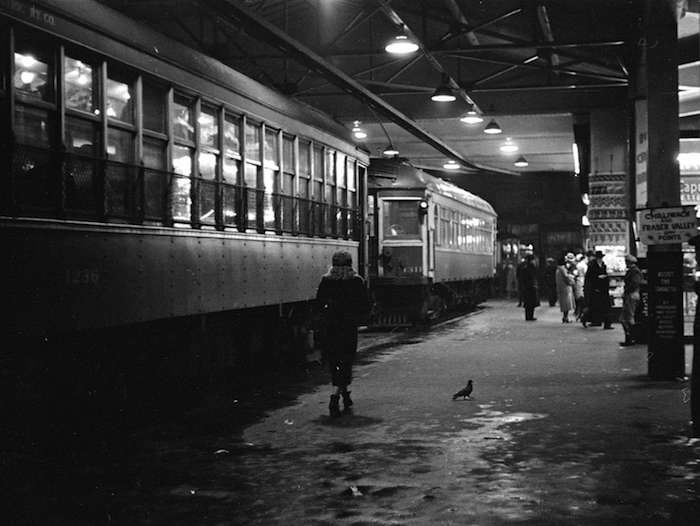  The car barns illuminated at night in the B.C. Electric Building at 425 Carrall Street (Vancouver Archives)