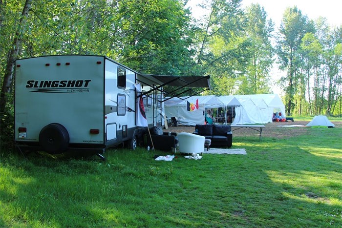  The campsite on the gravel fields near Forest Grove Park, metres away from the watch house, was set up in March during a protest that saw more than 5,000 people protest the Trans Mountain pipeline expansion. The majority of the recent protests outside the terminal gates on Burnaby mountain have been organized by this group, Protect the Inlet.
