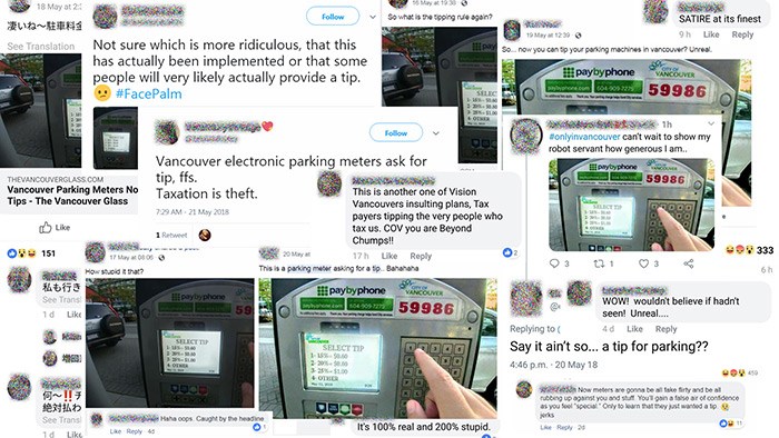  Some online reactions to the fake parking meter tip story. Photo supplied