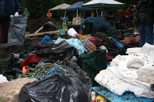  Debris is seen after a beach clean-up near Baynes Sound on Vancouver Island, B.C. in this undated handout photo. A new scientific study says more needs to be known about the impact on oyster farms of microplastic pollution that has been found in the waters off Vancouver Island. THE CANADIAN PRESS/HO, Leah Bendell, Simon Fraser University