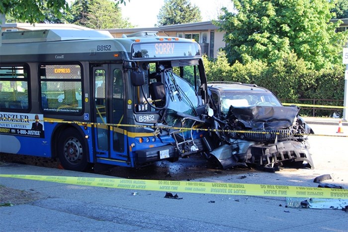  One man has died after a collision between a bus and an SUV in front of Capitol Hill Elementary School in North Burnaby Wednesday afternoon.