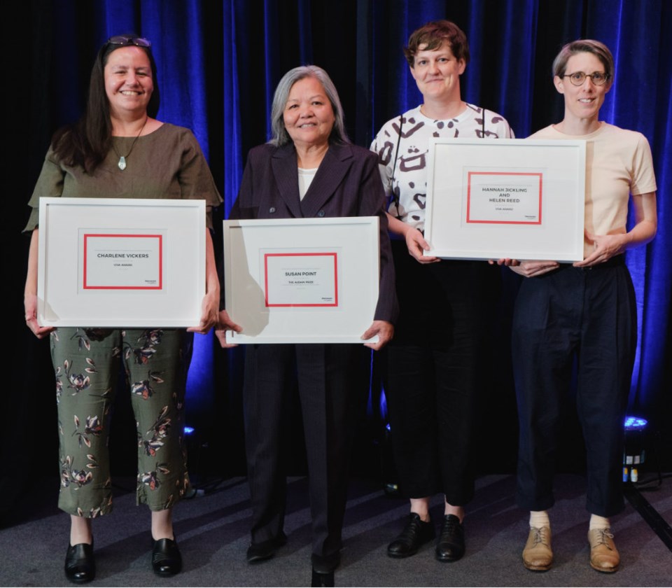  Image: (From Left to Right) Charlene Vickers, VIVA Award Recipient; Susan Point; Audain Prize Recipient; Hannah Jickling & Helen Reed, VIVA Award Co-Recipients. Photo: Pardeep Singh.
