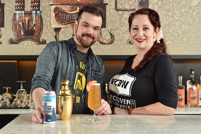  Bartender Shaun Layton (on left) and Vancouver Craft Beer Week director Leah Henghan (on right) enjoy a Sea To Sky RAD-ler—made with VCBW’s Double Dry Hopped Pilsner collaboration brew—at Odd Society Spirits in East Vancouver. Photo: Dan Toulgoet.