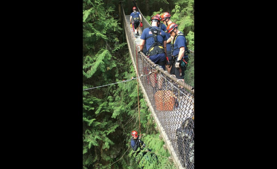  North Vancouver crews perform a high-angle rescue, lowering firefighters to the floor of Lynn Canyon. photo supplied, @DNVFRS