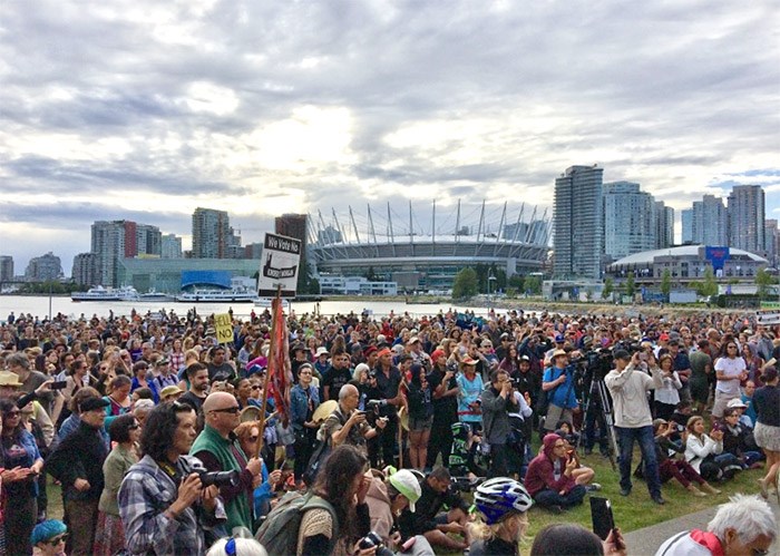  Part of the crowd gathered to protest the federal governments announcement earlier that day (May 29) that they'd ensure the Trans-Mountain pipeline project by buying it from Kinder Morgan for $4.5-billion.