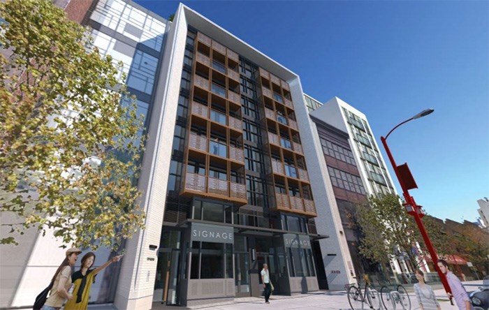  This rendering of a new building at 129 Keefer Street imagines a streetscape with the controversial neighbouring site at 105 Keefer already developed, along with the developer's other vacant site on the other side of the Keefer Bar. Image via City of Vancouver planning