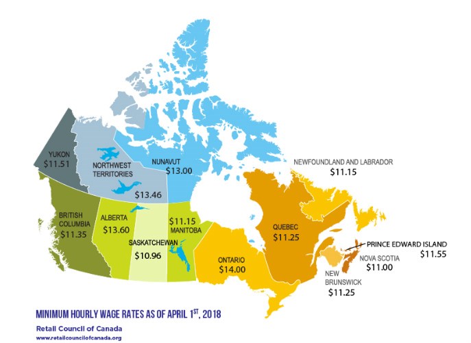  A map showing the minimum wage in each province and territory across Canada. Photo: Retail Council of Canada.