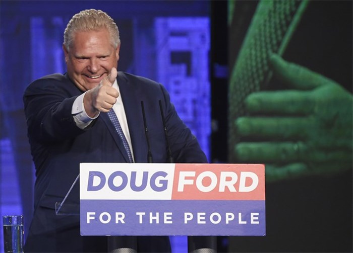  Ontario PC leader Doug Ford reacts after winning the Ontario Provincial election to become the new premier in Toronto, on Thursday, June 7, 2018. THE CANADIAN PRESS/Nathan Denette