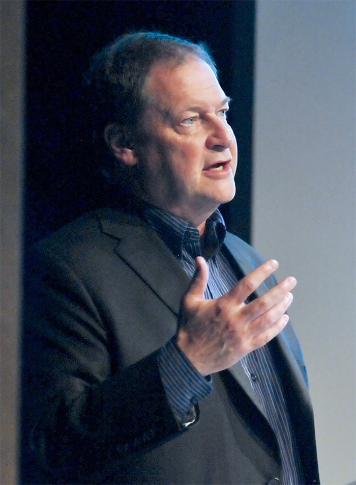  After expressing mystification on how the provincial government settled on $3-million as a “magic number,” CPA Tom Morton told the crowd the tax is less about policy and more about generating revenue. - photo Paul McGrath, North Shore News