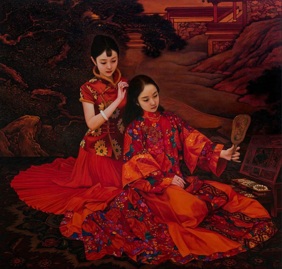  Oil Painting: The Dressing No.2 by Xue Yanqun. It presents the charm and grace of Chinese women in a 