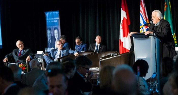  Developer Kenneth Mariash introduced the panel at the Kenneth W. and Patricia Mariash Global Issues Dialogue at the Roundhouse at Bayview Place in Vic West on Tuesday. The group included former premiers Mike Harcourt, left, and Brad Wall.