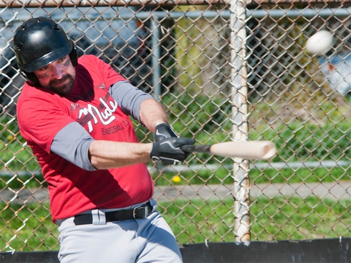  The Mount Pleasant Murder’s Michael Jorgensen takes a swing during an East Vancouver Baseball League contest in 2016.