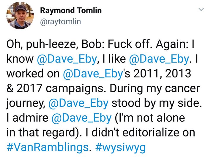  Say @Dave_Eby's name five times on Twitter and he may appear. And maybe don't ask Ray any questions.