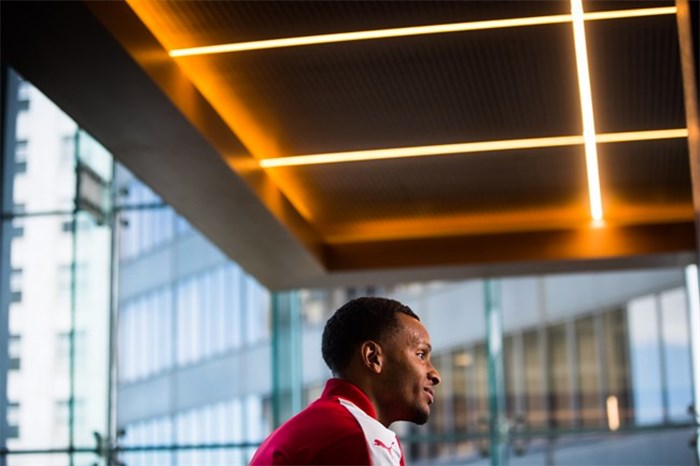  Canadian sprinter Andre De Grasse, of Toronto, sits for an interview after a news conference for the Harry Jerome International Track Classic, in Vancouver, on Monday June 25, 2018. The two-day competition is scheduled to be held in Burnaby on Tuesday and Wednesday. THE CANADIAN PRESS/Darryl Dyck