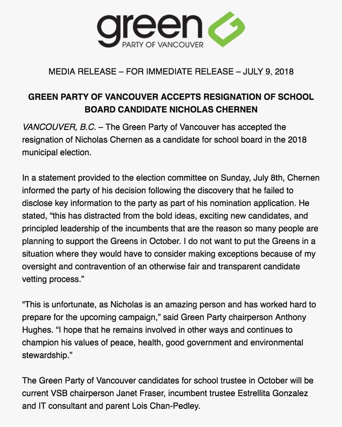  Green Party of Vancouver statement about Nicholas Chernen's 