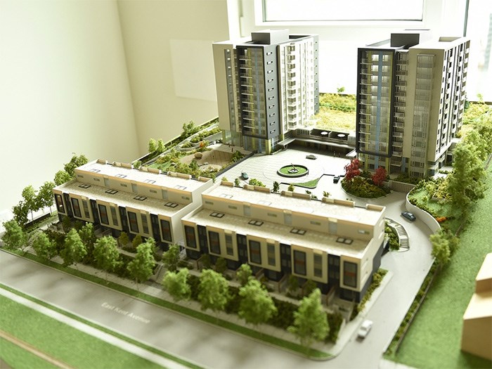  The Community Land Trust agreed to deliver 358 affordable housing units — 90 units in the first phase of Fraserview Housing Co-operative on East Kent Avenue, 188 units in two towers that are currently under construction nearby on Southeast Marine Drive, 32 units in a townhouse complex to the south of the towers to be run by Tikva Housing Society and 48 units at 1700 Kingsway (Sanford Housing Society). Photo Dan Toulgoet