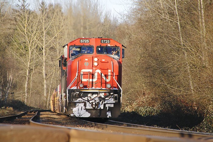  About 3,200 Canadian National Railway conductors, trainpersons and yard workers are on strike as of Tues, Nov. 19, 2019. Photo: A CN Rail train near Abbotsford. Photo Shutterstock