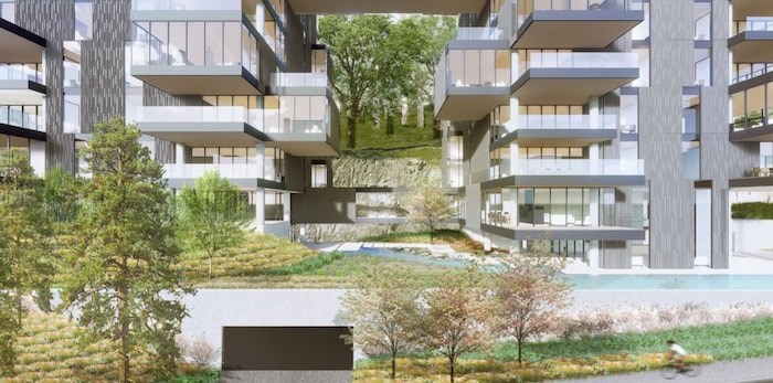 There will be 74 underground car parking spaces accessed via the road below the front of the building. Image: British Pacific Properties/Olson Kundig Architects via District of West Vancouver planning