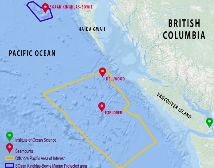  The Northeast Pacific Seamounts Expedition focused on three seamounts: SGaan Kinghlas-Bowie, Dellwood and Explorer Map: Northeast Pacific Seamounts Expedition