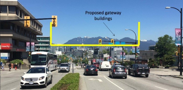  City council voted 6-3 Tuesday to allow PavCo to build the first of three towers downtown (far right) that will intrude on city-designated view cones. Photo courtesy City of Vancouver