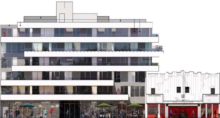  The application to build a six-storey condo building and revive the adjoining Hollywood movie theatre was approved by the City of Vancouver July 24. Image via City of Vancouver planning