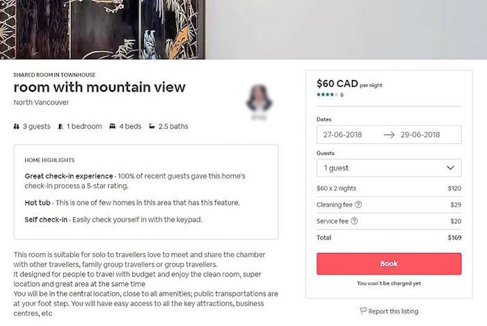  A screengrab from a since removed Airbnb posting shows an ad for a room in Central Lonsdale. Emily Yu has been ordered to pay thousands of dollars in fines to her strata and shut down her illegal hostel - screengrab airbnb.com