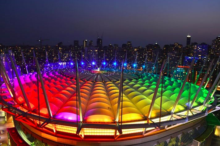  BC Place lights up with rainbow colours tonight for Pride Night. Photo Clare Koning