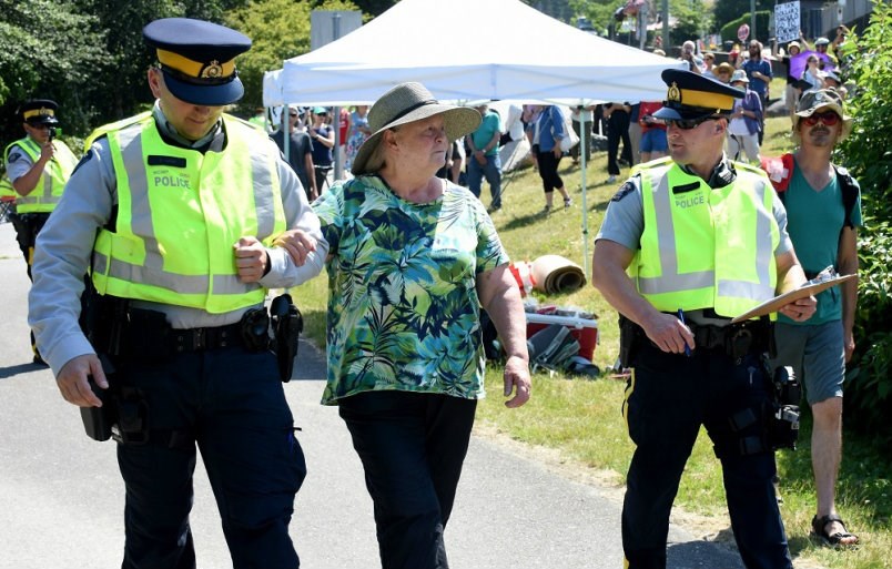  Laurie Embree, 70, is arrested for violating Trans Mountain's court injunction at the Westridge Marine Terminal on June 19