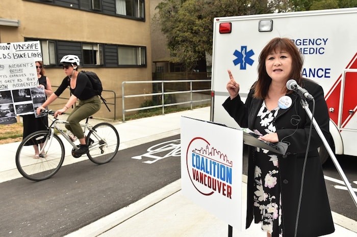  Coalition Vancouver mayoral candidate Wai Young announced Wednesday a proposed “mutual respect” policy aimed at targeting cyclists, pedestrians and motorists who break the law. Photo Dan Toulgoet