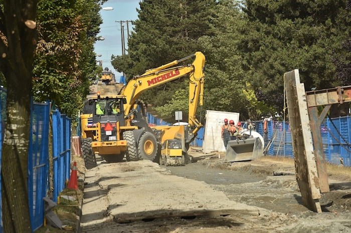  FortisBC's work to replace a gasline continues this week with more closures. East First between Nanaimo and Clark Drive has been closed to traffic since July 3. The goal is to re-open the route by Aug. 31. Photo Dan Toulgoet