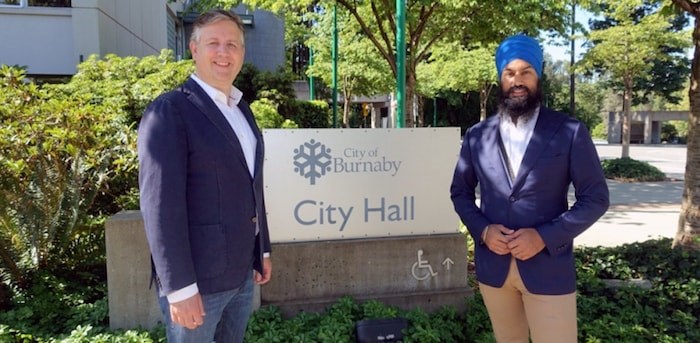  Burnaby South MP Kennedy Stewart (left), in Burnaby, July 2017, when he endorsed Jagmeet Singhin his bid to replace outgoing federal NDP leader Tom Mulcair. Singh was in Burnaby to tour the city.