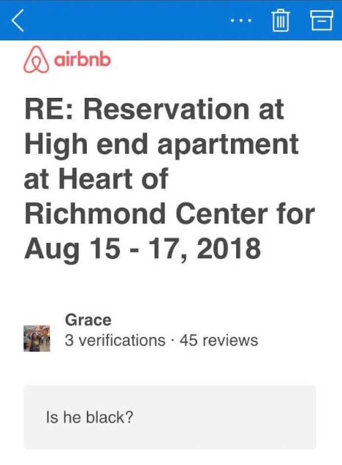  This screenshot of an Airbnb conversation shows the host inquiring about a guest's race