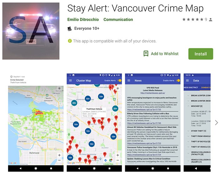  The Stay Alert Vancouver crime app as it appears in the Google Play store