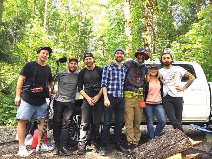  Our cast and crew on location in the Squamish Valley. L to R: Tristan Orchard, Bob Kronbauer, Matt Brascia, Andrew Job, Cameron Macleod, Meaghan Hommy, Adam Nanji