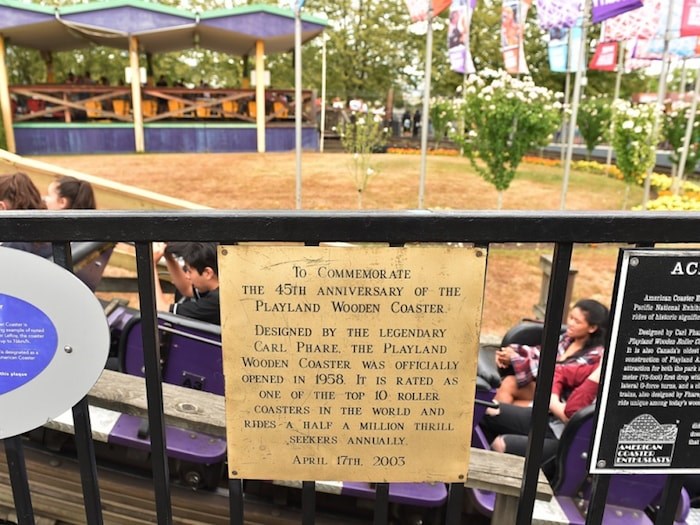  Playland's Wooden Coaster is celebrating its 60th anniversary this summer. This plaque, posted on a railing near the entrance, marks the 45th anniversary. Photo Dan Toulgoet
