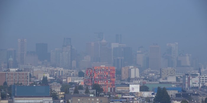  Vancouver's skyline is obscured by smoke, as seen from Commercial Drive looking west towards downtown.