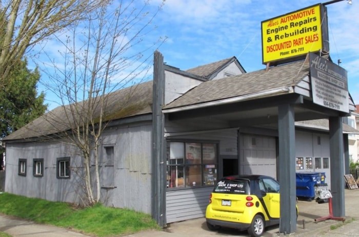  If a rezoning application is approved for a land assembly on Fraser Street, the Alec’s Automotive building, would have to be knocked down. Photo Heritage Vancouver Society