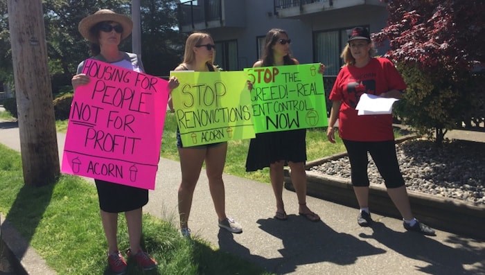  About 40 people, including members of B.C. ACORN and residents of Lori Ann Apartment on Seventh Street, attended a May 15 rally in front of the building.Renovictions have become a growing concern for tenants in older rental buildings in New Westminster.