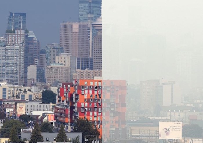  The photo on the left was taken on Aug. 17 near the north end of Commercial Drive looking west towards downtown. The photo on the right was taken from the same vantage point on Aug. 20. Photograph By JENNIFER GAUTHIER