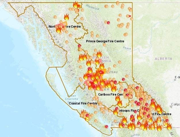  This map provided by the province shows the number and severity of wildfires across B.C. as of Aug. 21.