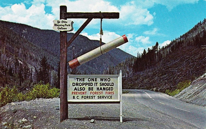  A 1960 postcard showing the Manning Park gallows sign. Photo blizzy63 on Flickr