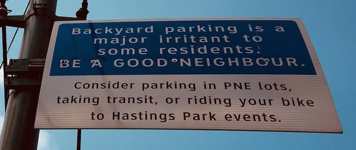  An increase in complaints to the city over illegal parking resulted in a 2012 crackdown that produced this sign at Hastings and Renfrew. Photo Grant Lawrence
