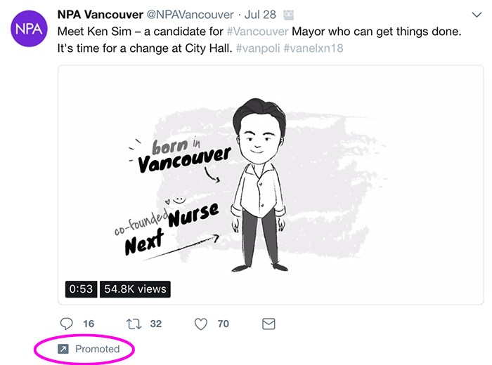  The NPA is investing in Twitter advertising this year, promoting their mayoral candidate Ken Sim. Screengrab