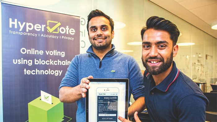  Usman Mukaty, left, Hypervote co-founder and product manager, and Sakib Hossain, full-stack developer, demonstrate online voting software developed by the startup tech company?|?Chung Chow