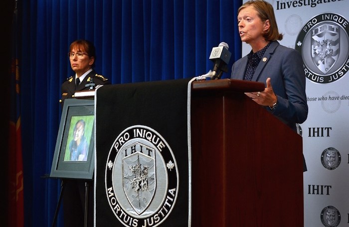  Superintendent Donna Richardson (right) of the Integrated Homicide Investigation Team spoke with the media following the arrest announcement, as Burnaby RCMP Chief Supt. Deanne Burleigh listens. (Cornelia Naylor/Burnaby Now)