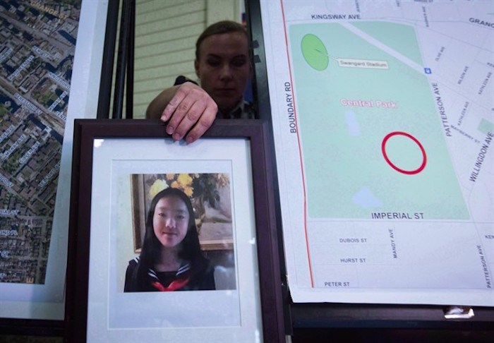  A brief court appearance is expected today in provincial court in Vancouver for the man accused of the first-degree murder of a 13-year-old girl. RCMP Cpl. Daniela Panesar places a photo of Marrisa Shen, 13, next to a map indicating where her body was found in Central Park, during a news conference in Burnaby, B.C., on Wednesday, July 19, 2017. THE CANADIAN PRESS/Darryl Dyck
