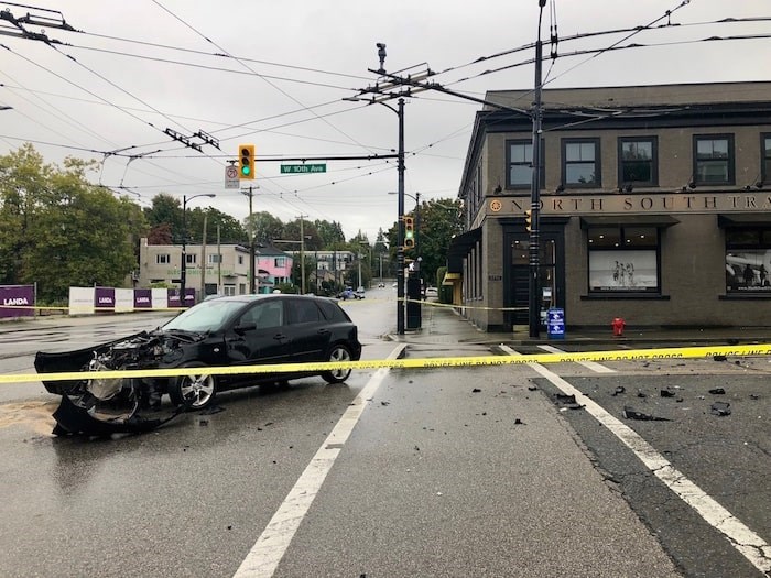  The 32-year-old Vancouver driver of this Mazda sustained minor injuries when his car was hit by a truck whose driver was trying to evade police. - Craig Roberts