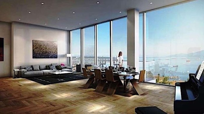  This artists rendering of one of the penthouse living spaces (albeit a west-facing unit) shows how expansive the rooms are - which you'd expect, with 2,334 square feet and only two bedrooms. Listing agent: Karim Virani